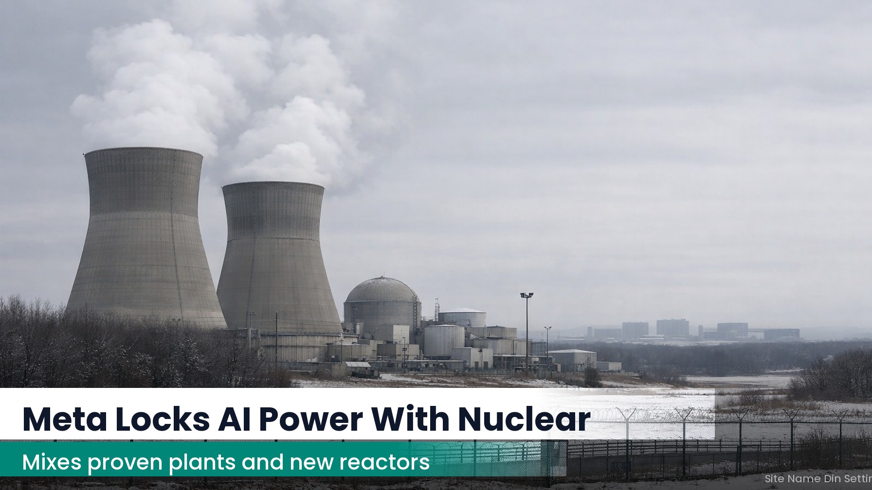 Nuclear power plant exterior under overcast skies with distant industrial buildings on the horizon