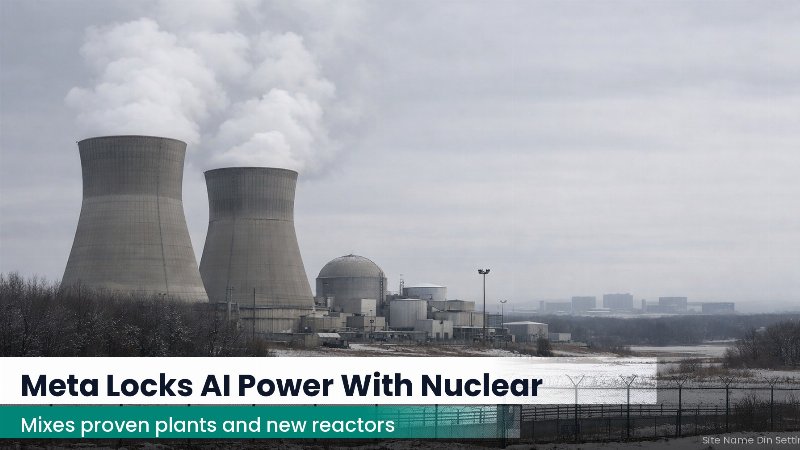 Nuclear power plant exterior under overcast skies with distant industrial buildings on the horizon