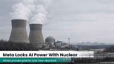 Nuclear power plant exterior under overcast skies with distant industrial buildings on the horizon
