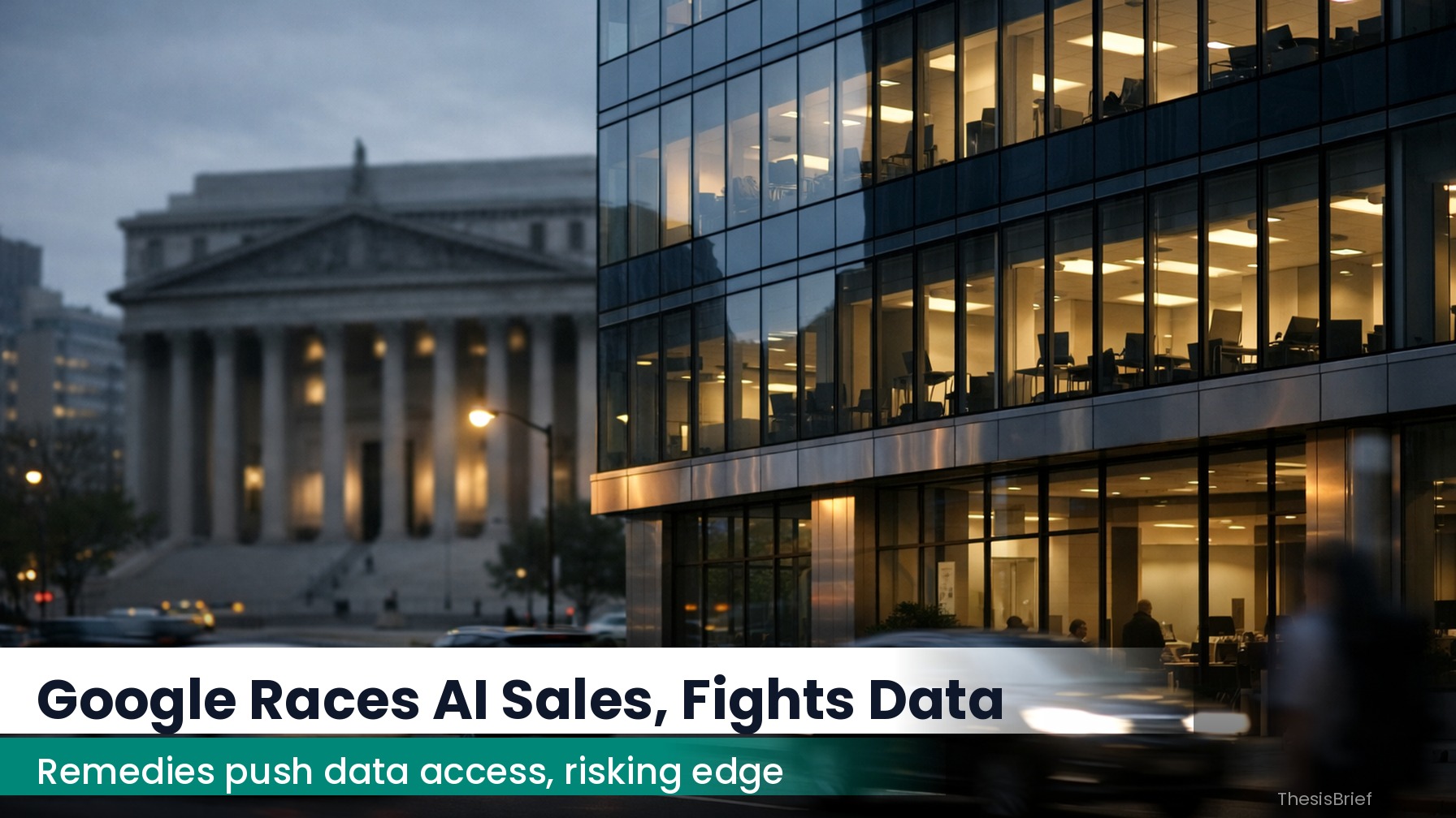 Glass office building at dusk with a blurred courthouse facade in the background