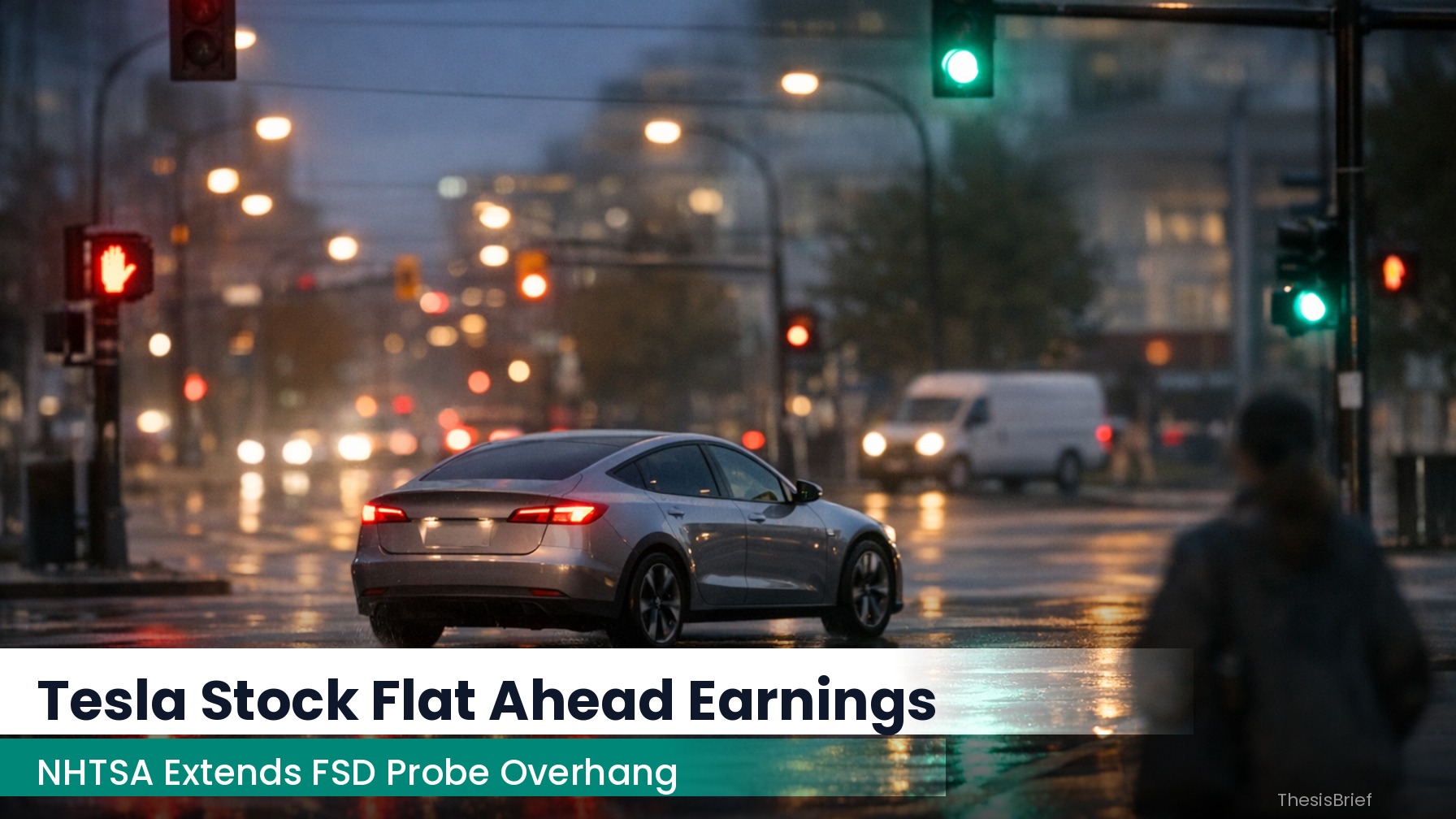 Tesla vehicle passing through a city intersection with traffic lights at dusk