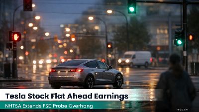 Tesla vehicle passing through a city intersection with traffic lights at dusk