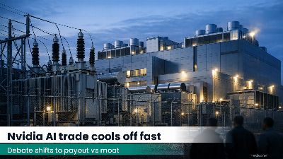 High-voltage equipment outside a modern data center at dusk under industrial lighting