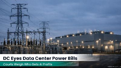 Transmission lines and an electrical substation in front of a large data center at dusk