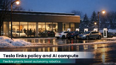 Exterior of an electric car retail storefront in Canada on a wet winter evening