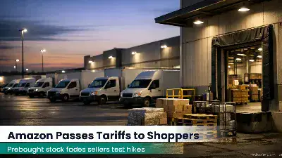 Fulfillment center loading bays at dusk with delivery trucks and pallets near dock doors