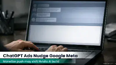 Laptop on desk with a chat interface on screen and an empty ad space below