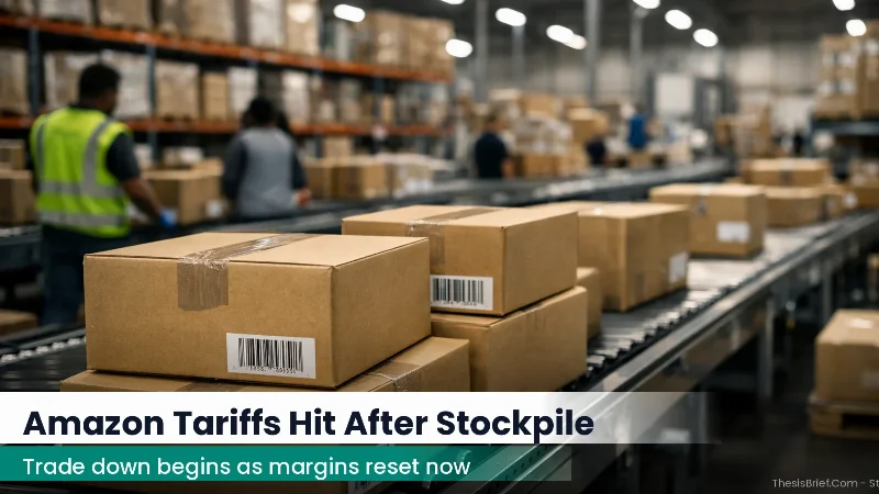 Shipping cartons and pallets on conveyor belts inside a fulfillment center under industrial lighting