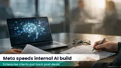 Conference table with contract pages and laptop showing an AI dashboard in an office