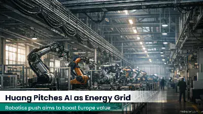 Robotic arms on a factory assembly line with visible electrical conduits overhead