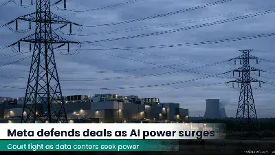 Data center building near transmission lines with a distant nuclear plant silhouette at dusk