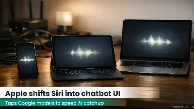 iPhone, iPad and MacBook on a desk showing voice assistant screens under soft lighting