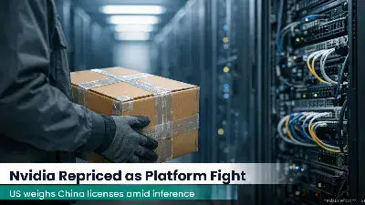 Data center server racks with a sealed shipping crate held by gloved hands