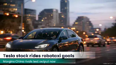 Electric car driving in downtown Austin at dusk with a front passenger visible as safety monitor