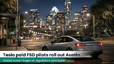 Electric car stopped at a curb in Austin at night under streetlights