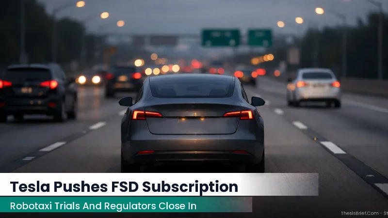 Rear view of a Tesla driving on a US highway at dusk between lane markings