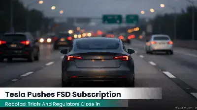 Rear view of a Tesla driving on a US highway at dusk between lane markings