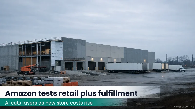 Suburban big-box retail construction site with loading bays and trailers near Chicago