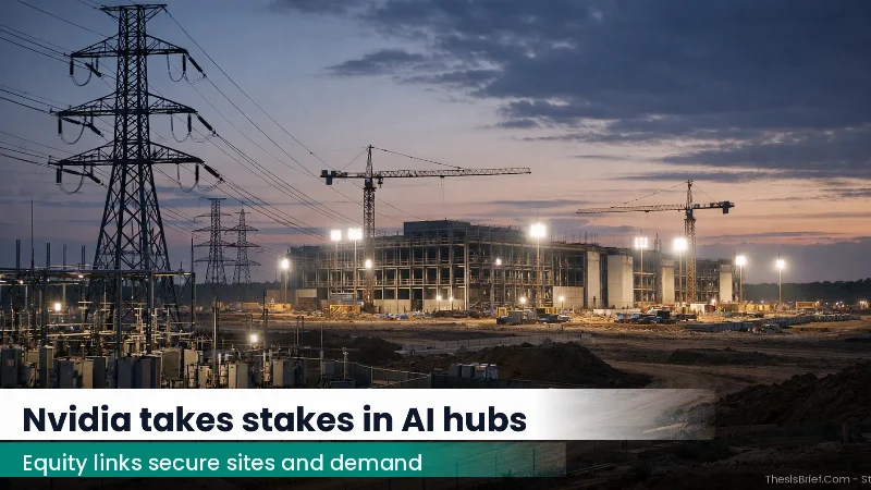 Construction site for an AI data center with power substation and cranes at dusk