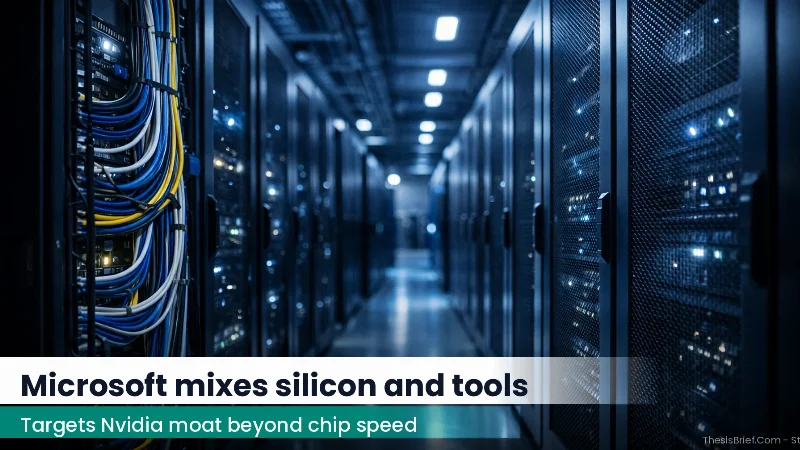 Server racks and network cabling inside a blue-lit data center aisle at night