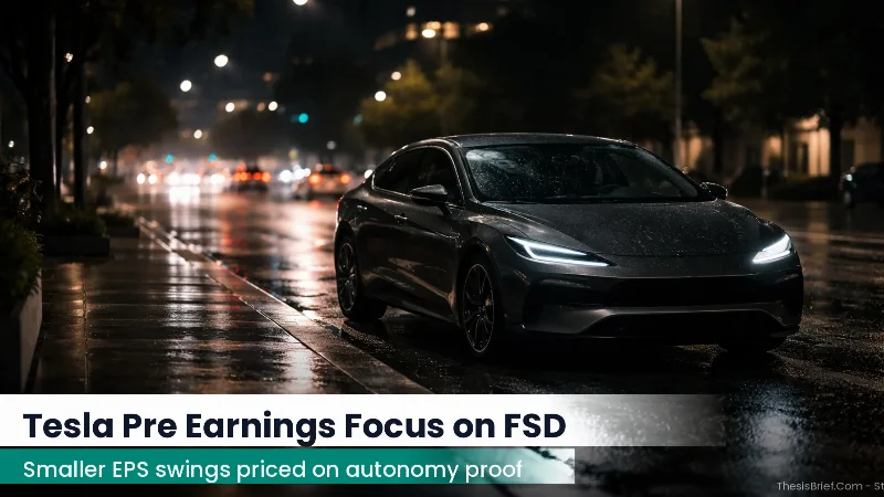 Tesla car at a curb at night under streetlights with rain-slick pavement reflections