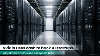 Symmetrical corridor of server racks in a modern data center under cool white lighting