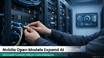 Data center aisle with server racks and power cabling under cool blue lighting