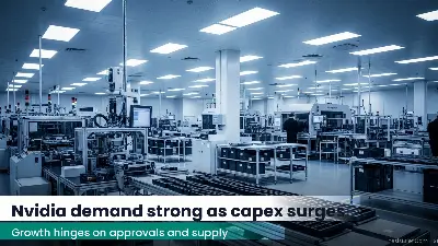 Semiconductor packaging equipment and chip trays on a factory floor under industrial lighting