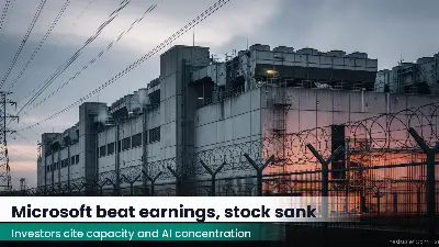 Large data center exterior at dusk with cooling units and power lines in the background