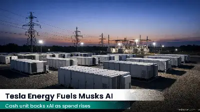 Utility-scale battery storage containers lined up near a power substation at dusk