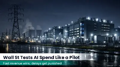 Night exterior of a large data center with power infrastructure and industrial lighting