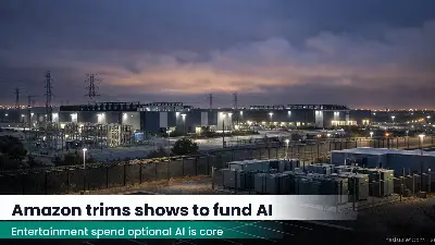 Night exterior of a large data center campus with industrial lighting and power equipment