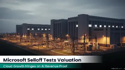 Exterior of a large data center campus at dusk with power lines and substations